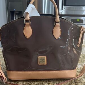 Dooney & Bourke Glossy Chocolate Dome Satchel with Tan Accents